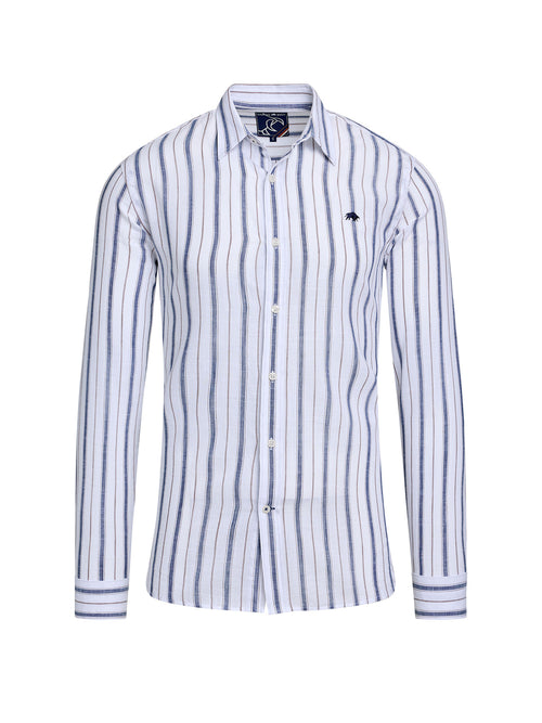 Long Sleeve Resort Stripe Cotton Linen Look Shirt - White