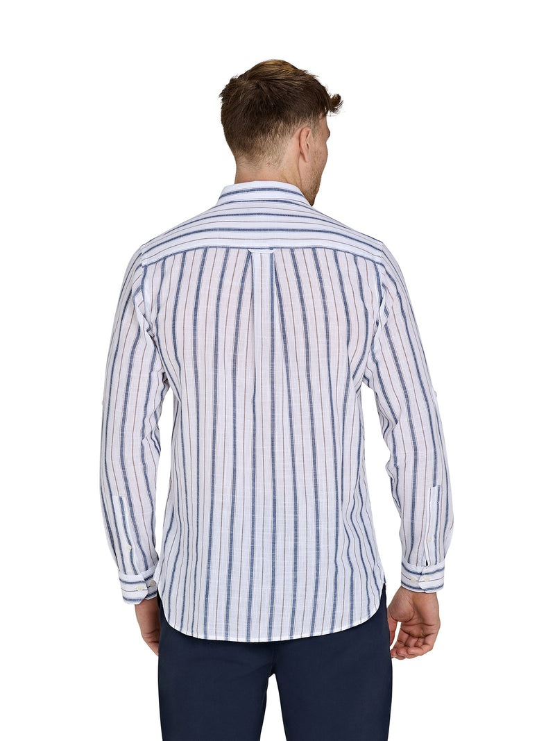 Long Sleeve Resort Stripe Cotton Linen Look Shirt - White