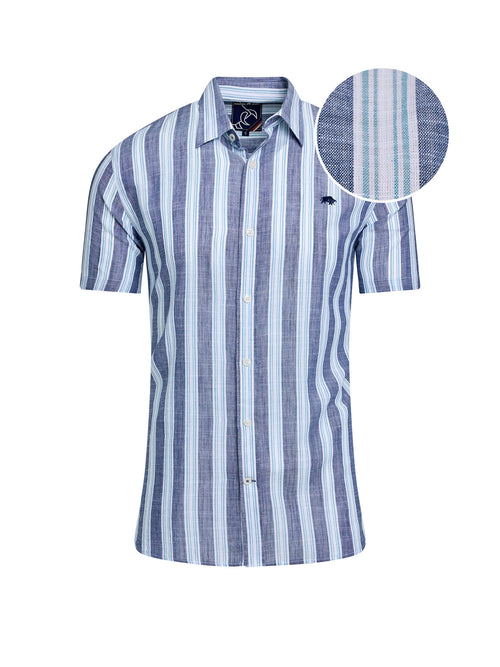 Short Sleeve Deck Stripe Cotton Linen Look Shirt - Navy