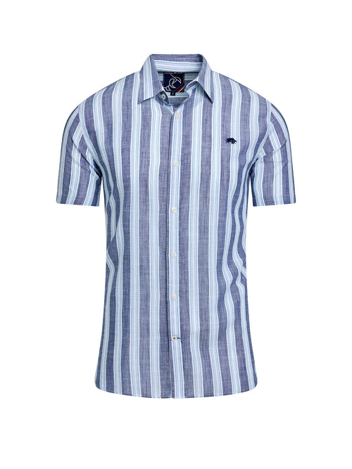 Short Sleeve Deck Stripe Cotton Linen Look Shirt - Navy