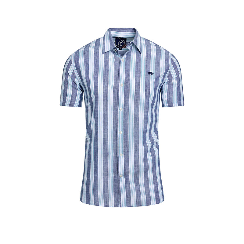 Short Sleeve Deck Stripe Cotton Linen Look Shirt - Navy