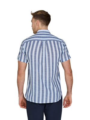 Short Sleeve Deck Stripe Cotton Linen Look Shirt - Navy