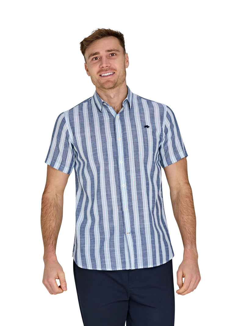 Short Sleeve Deck Stripe Cotton Linen Look Shirt - Navy