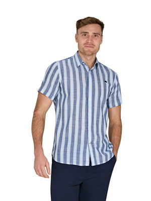 Short Sleeve Deck Stripe Cotton Linen Look Shirt - Navy