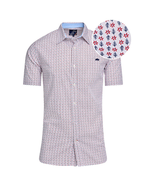 Short Sleeve Flower Geo Cotton Poplin Shirt - White