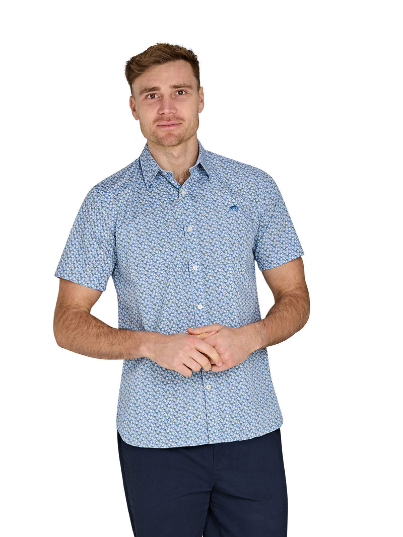 Short Sleeve Small Ditsy Cotton Poplin Shirt - Mid Blue