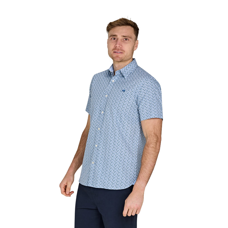 Short Sleeve Small Ditsy Cotton Poplin Shirt - Mid Blue