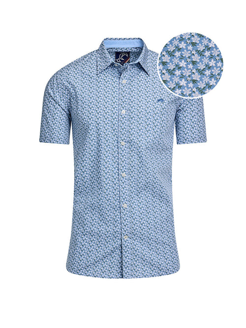 Short Sleeve Small Ditsy Cotton Poplin Shirt - Mid Blue