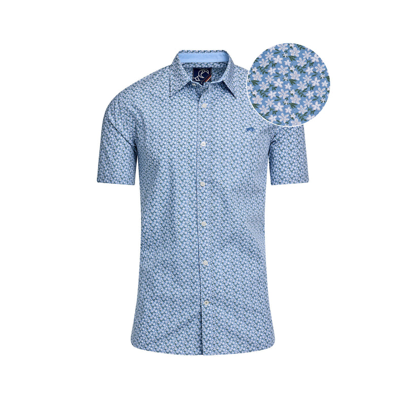 Short Sleeve Small Ditsy Cotton Poplin Shirt - Mid Blue