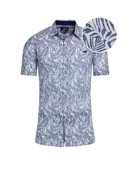 Short Sleeve Large Palm Reverse Print Cotton Poplin Shirt - Navy