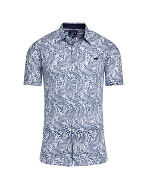 Short Sleeve Large Palm Reverse Print Cotton Poplin Shirt - Navy