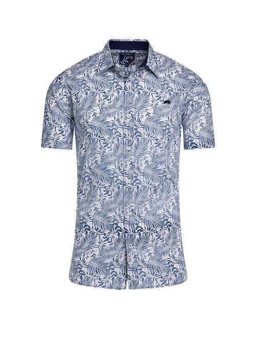 Short Sleeve Large Palm Reverse Print Cotton Poplin Shirt - Navy