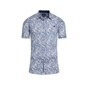 Short Sleeve Large Palm Reverse Print Cotton Poplin Shirt - Navy