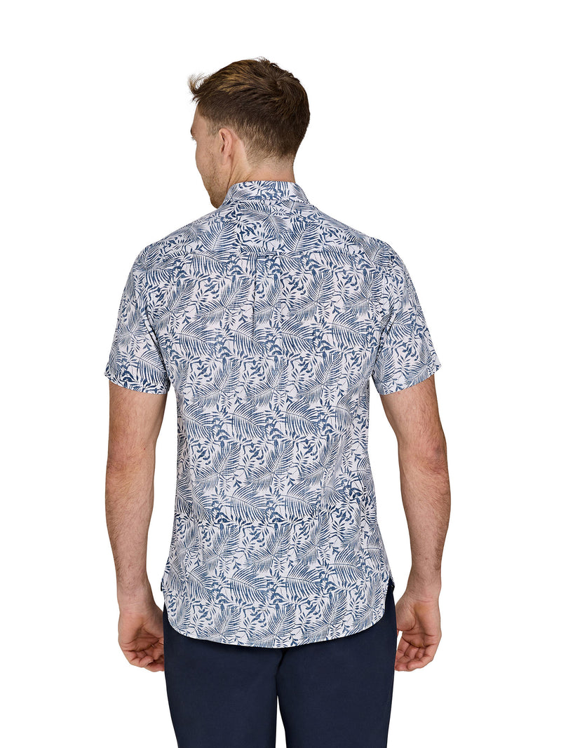 Short Sleeve Large Palm Reverse Print Cotton Poplin Shirt - Navy