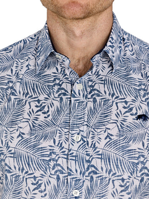 Short Sleeve Large Palm Reverse Print Cotton Poplin Shirt - Navy