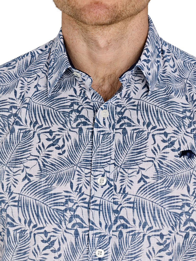 Short Sleeve Large Palm Reverse Print Cotton Poplin Shirt - Navy