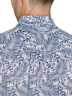 Short Sleeve Large Palm Reverse Print Cotton Poplin Shirt - Navy