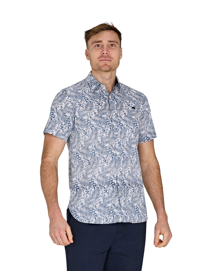 Short Sleeve Large Palm Reverse Print Cotton Poplin Shirt - Navy