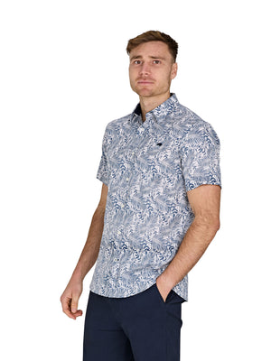 Short Sleeve Large Palm Reverse Print Cotton Poplin Shirt - Navy