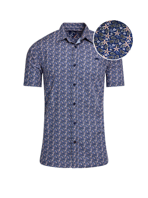 Short Sleeve Tropical Palm Cotton Poplin Shirt - Navy