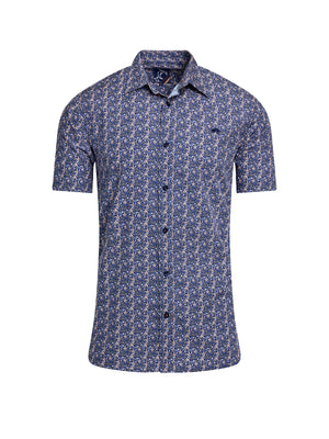 Short Sleeve Tropical Palm Cotton Poplin Shirt - Navy