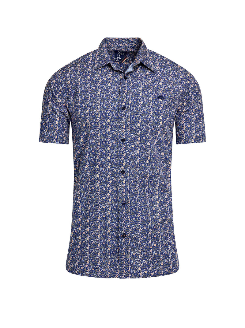 Short Sleeve Tropical Palm Cotton Poplin Shirt - Navy