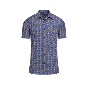 Short Sleeve Tropical Palm Cotton Poplin Shirt - Navy