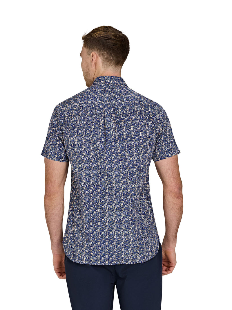 Short Sleeve Tropical Palm Cotton Poplin Shirt - Navy