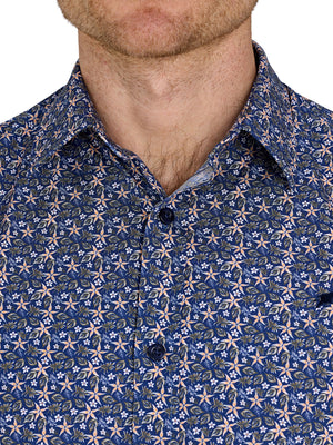 Short Sleeve Tropical Palm Cotton Poplin Shirt - Navy