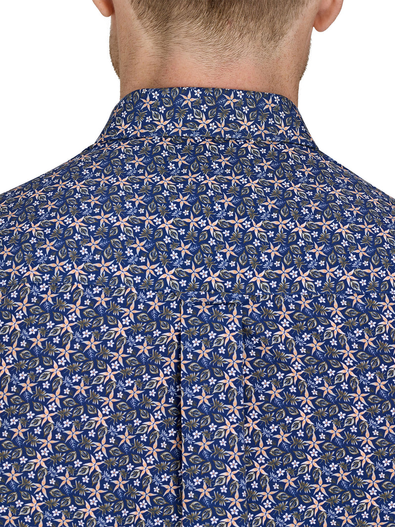 Short Sleeve Tropical Palm Cotton Poplin Shirt - Navy