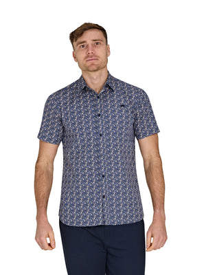 Short Sleeve Tropical Palm Cotton Poplin Shirt - Navy