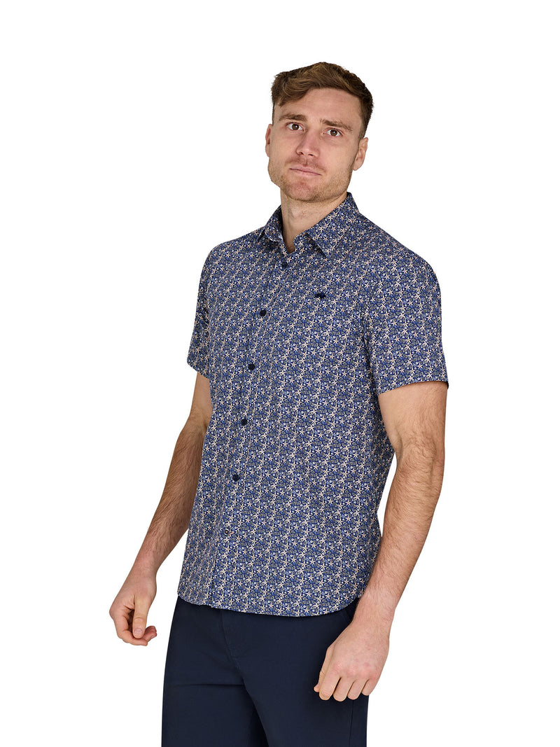 Short Sleeve Tropical Palm Cotton Poplin Shirt - Navy